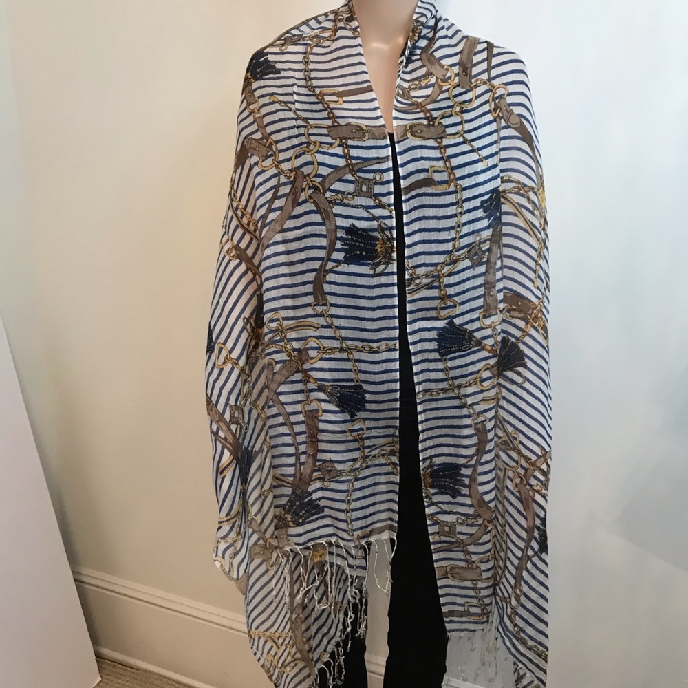 Nautical Scarf with fringe in Blue and White